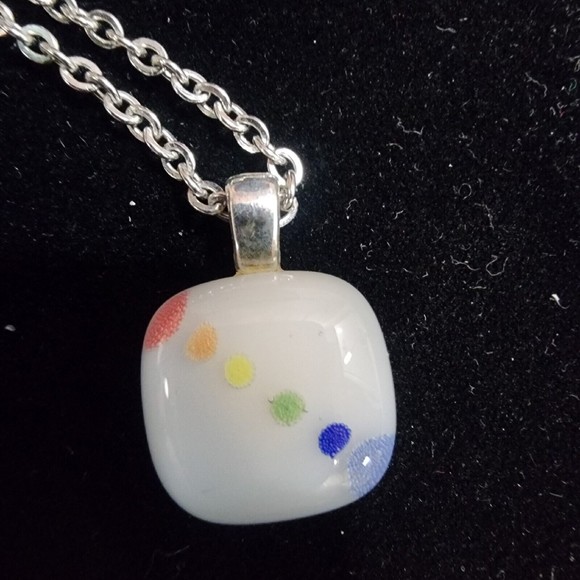 Artesian Made Silver Tone Dainty Chain Square White Pendant W/Multi Color Dots - Picture 3 of 9